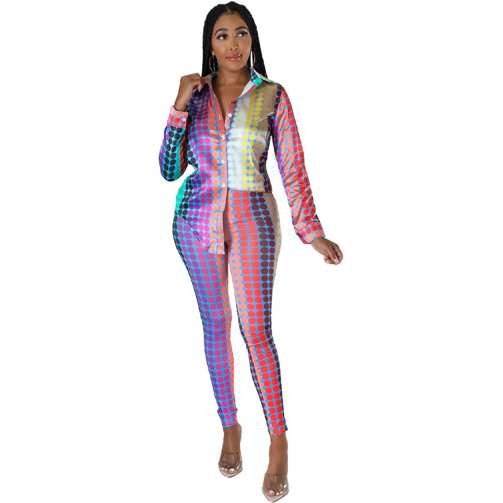 CM.YAYA Autumn Letter Leaf Print Women's Set Blouses Shirt Legging Pants Suit Active Wear Tracksuit Two Piece Set Fitness Outfit