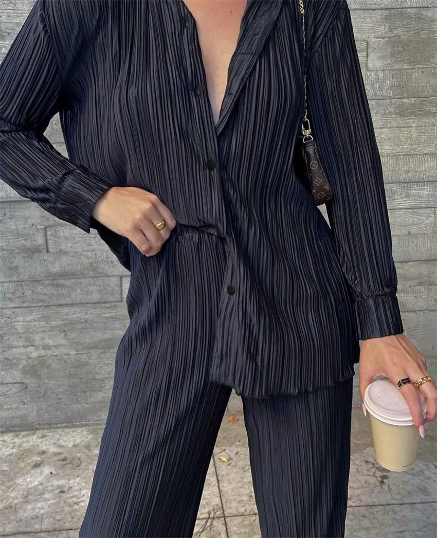 New Spring And Autumn Suit Women's Pleated Lapel Shirt Loose Casual Suit Solid Color Drape Pleated Casual Suit