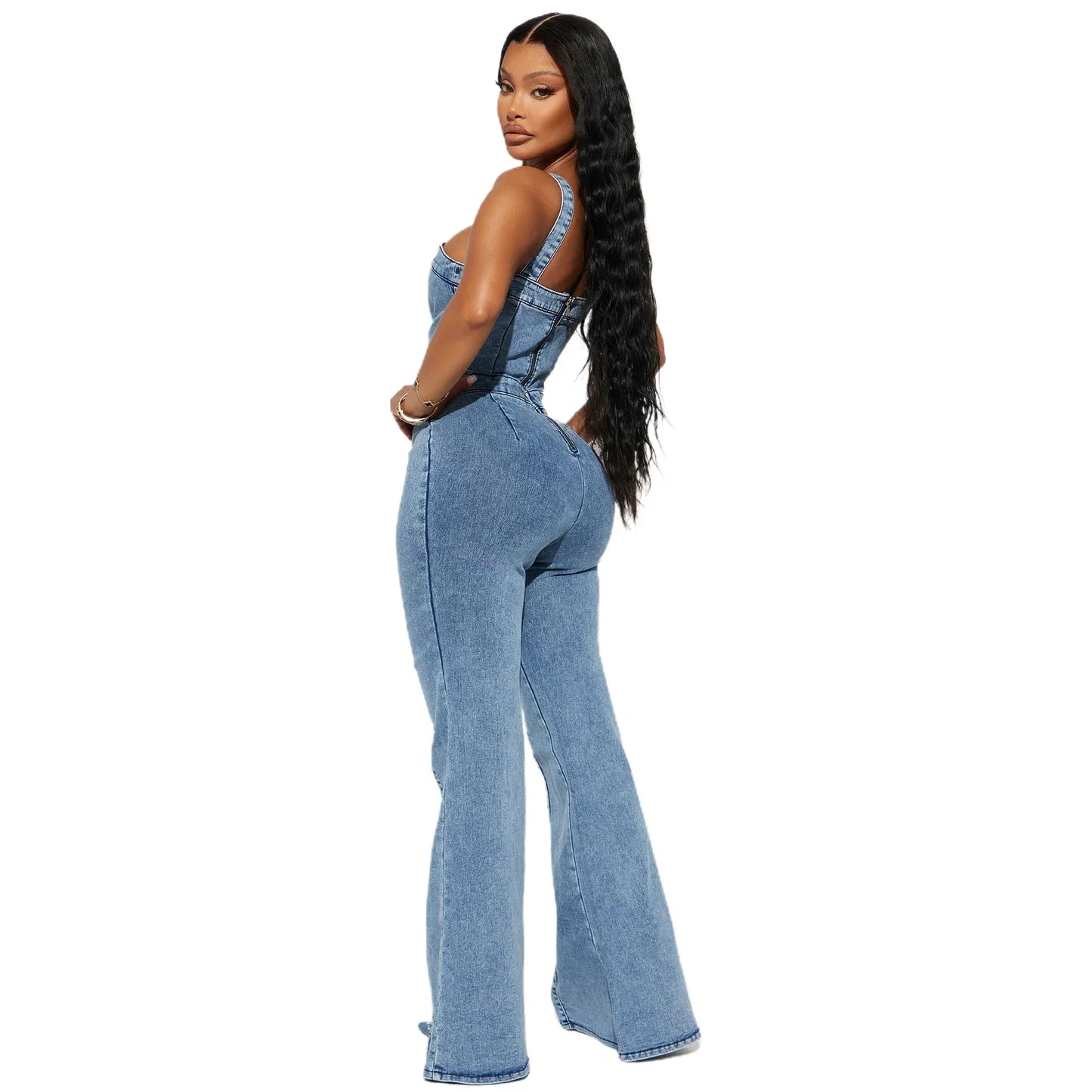 Women Sexy One Piece Sleeveless Tight High Waist Suspenders Overalls Slim Denim Jumpsuits Flared Long Pants Rompers