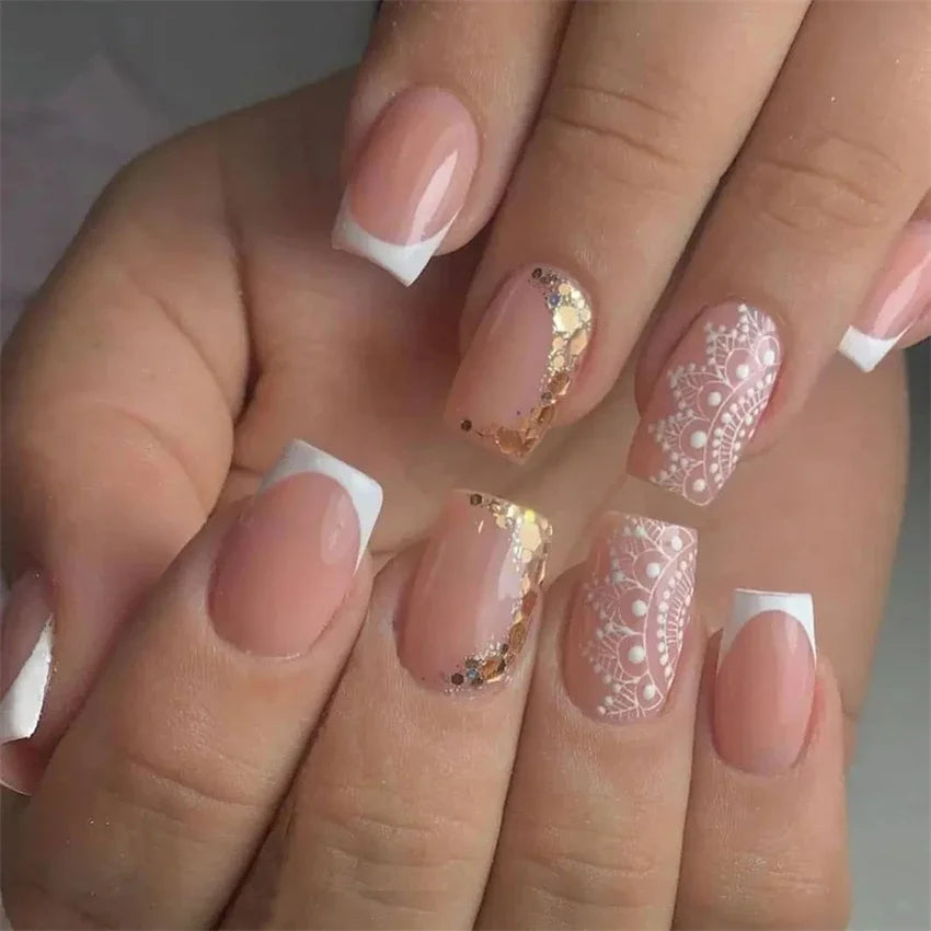 24Pcs/Set Press on Nails Gradient Point Drill Ballet Wearing False Nails Long French Stick on Nail Artificial Acrylic Fake Nails