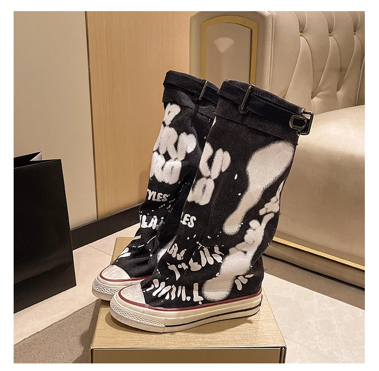 Women's Spring Graffiti High Canvas Boots Round Head Middle Follow Anti-slip Boots Women Leisure Fashion Rubber Sole Botas Mujer