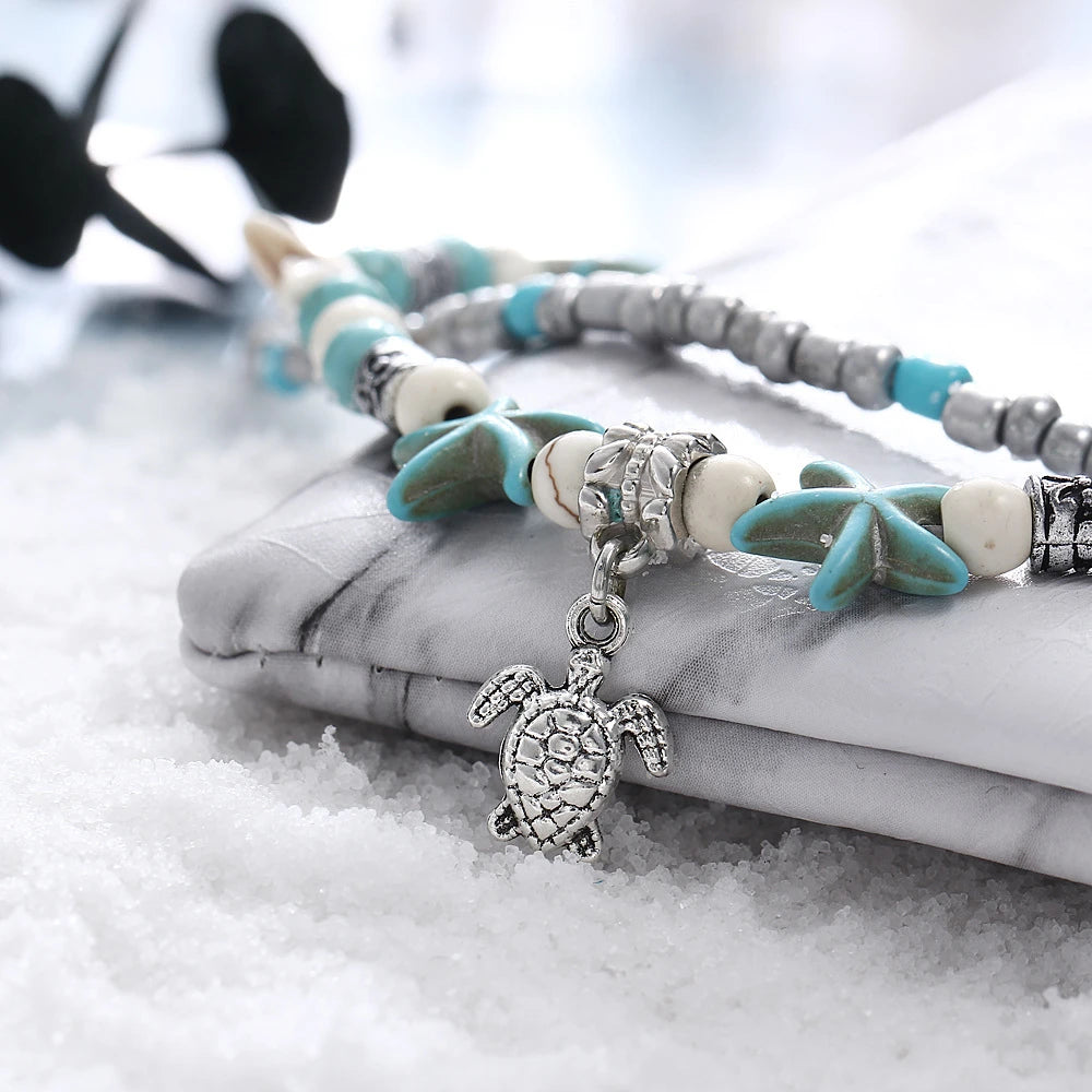Softones Blue Starfish Turtle Anklet Multilayer Charm Beads Sea Handmade Boho Anklet Foot Jewelry for Women Girl