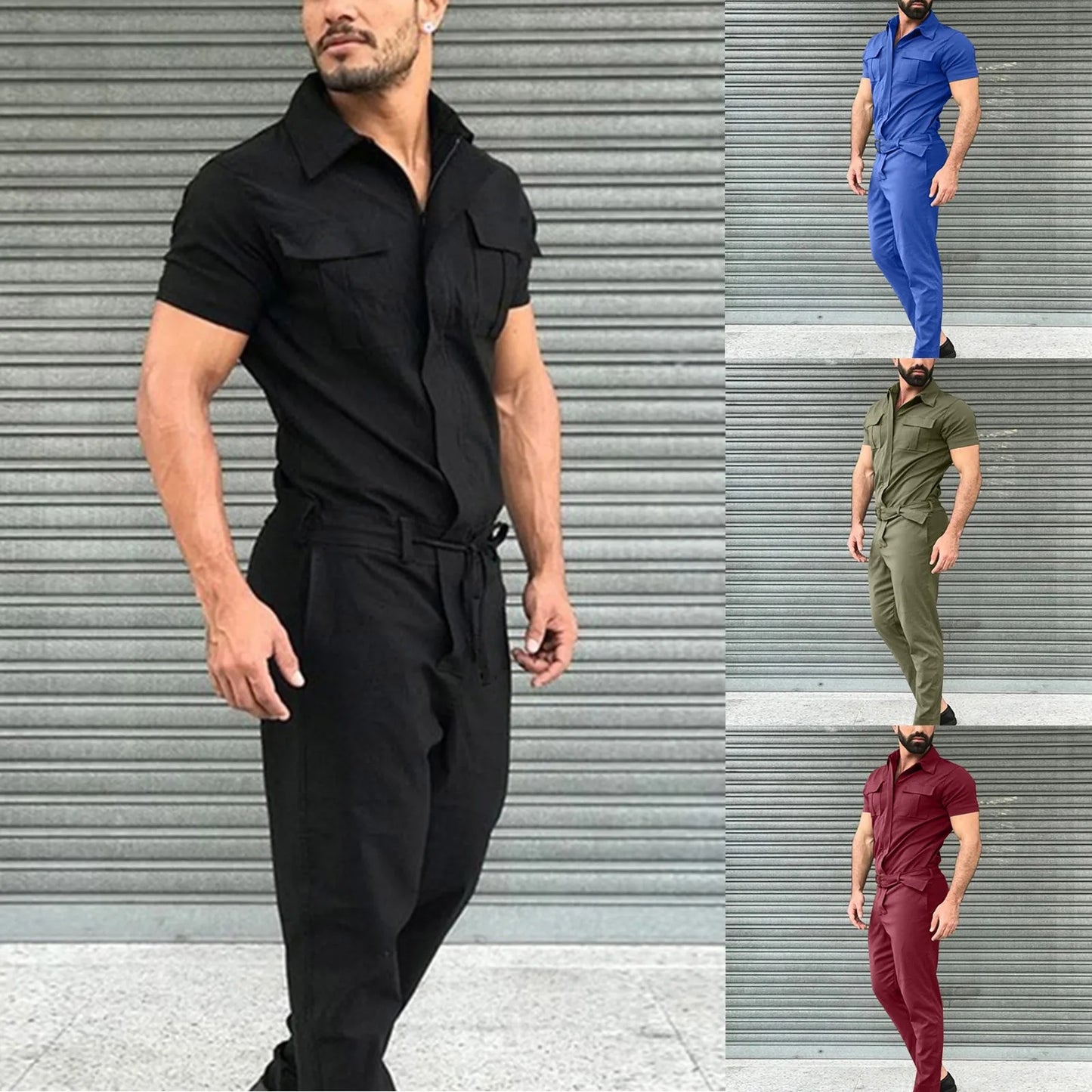 2024 New Men's Fashion Jumpsuit Solid Color Belted Cargo Pants for Leisure Fitting Clothing