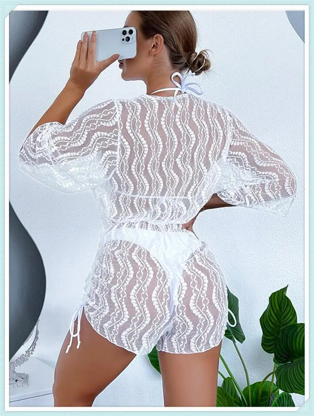 3 pieces Halter Bikini Tropical Print Swimsuit Drawstring Side Swimwear Women Long Sleeve Bathing Suit Female Swimming Beachwear