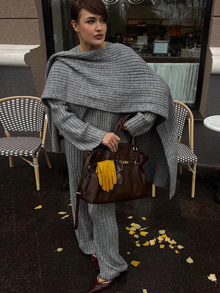 Oversize Knitted Women's Set V-Neck Full Sleeve Scarf Pullover Long Trousers Casual Loose Lady Suit for Autumn