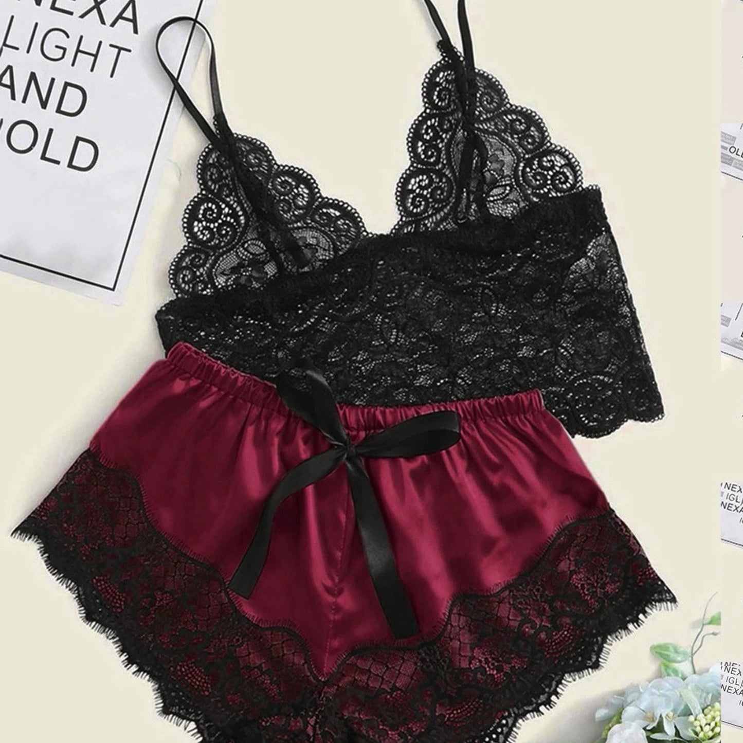 Women's Sexy Pajama Set 2 Pieces Lace Spaghetti Strap Top Shorts Sleepwear Lingerie Sleeveless Summer Clothes