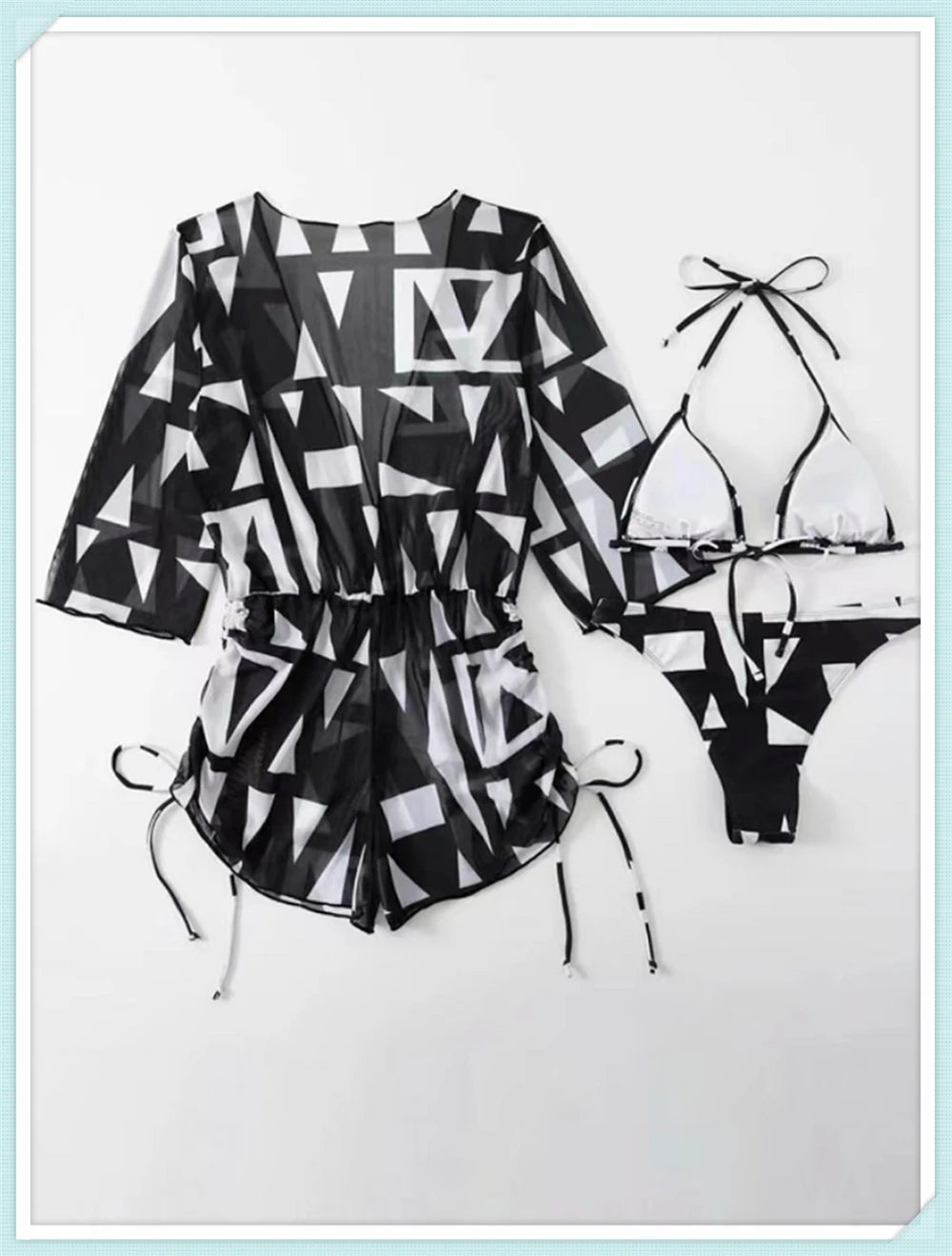 3 pieces Halter Bikini Tropical Print Swimsuit Drawstring Side Swimwear Women Long Sleeve Bathing Suit Female Swimming Beachwear