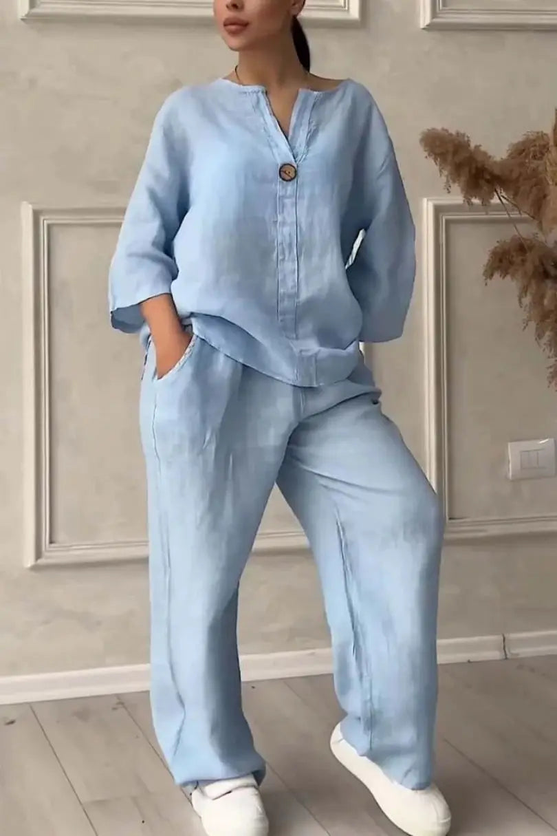Comfortable Loose Cotton Linen Women's two pieces set Top Wide Leg Pants Casual Fashion Set Suits Spring Summer Wear Outfits