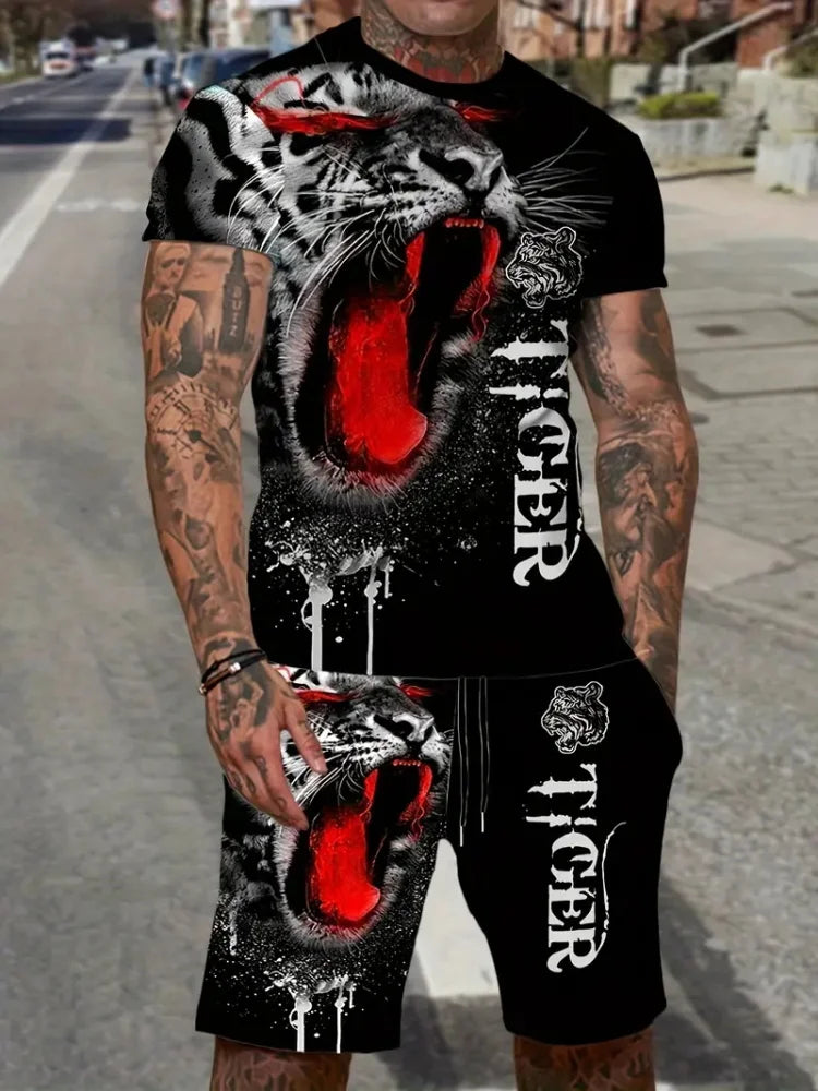 New Lion King 3D Printed Short Sleeve T-shirt Shorts 2 Piece Summer Men's Fashion Street Fashion Short Sleeve Suit Casual