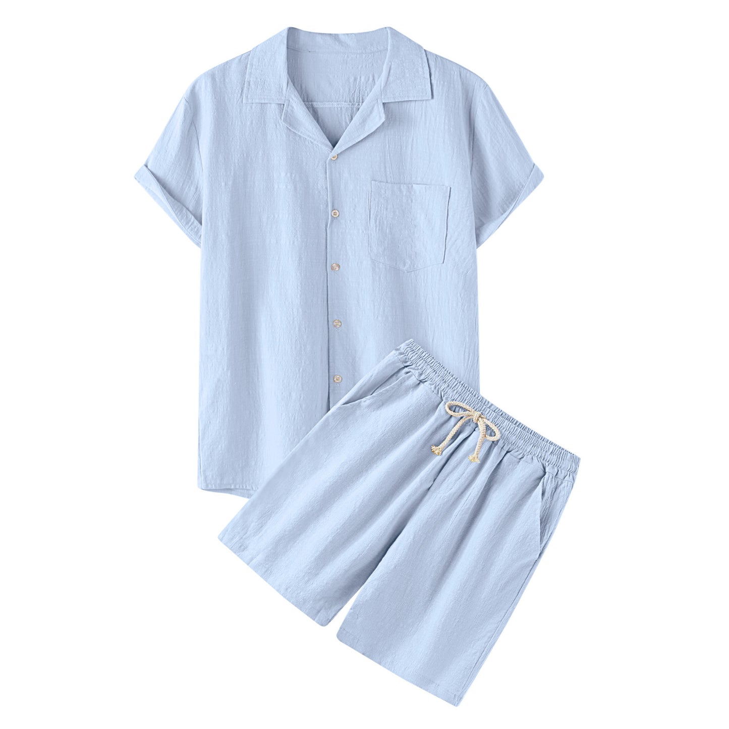 Men's Cotton Turn-down Collar Top Shorts Pant Suite Solid Color Casual Daily Fashion Loungewear Comfortable Men's Clothing