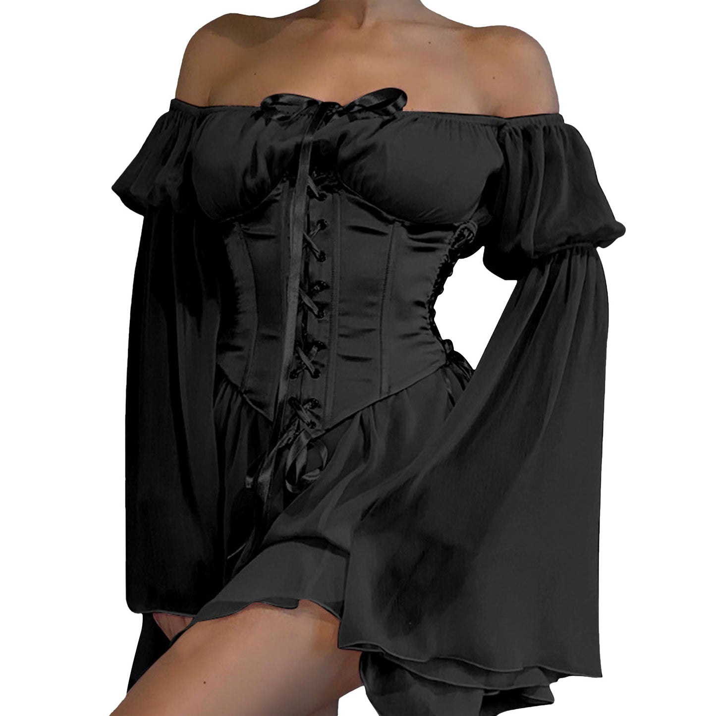 Summer Dresses For Women Plus Size Off Shoulder Flare Sleeve Dress Lace Up Corset Solid Flowy Mini Dress vestidos de mujer