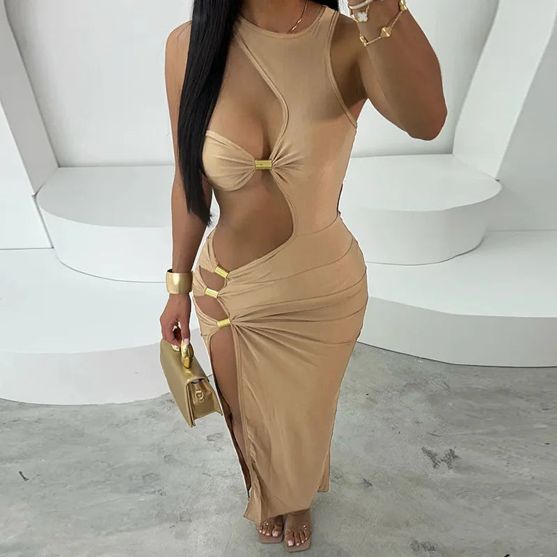 Sexy Slim Fit Maxi Dress with Metal Buckles Hollow Out Split Bodycon Style for Women O-neck Sleeveless Backless Party Clubwear