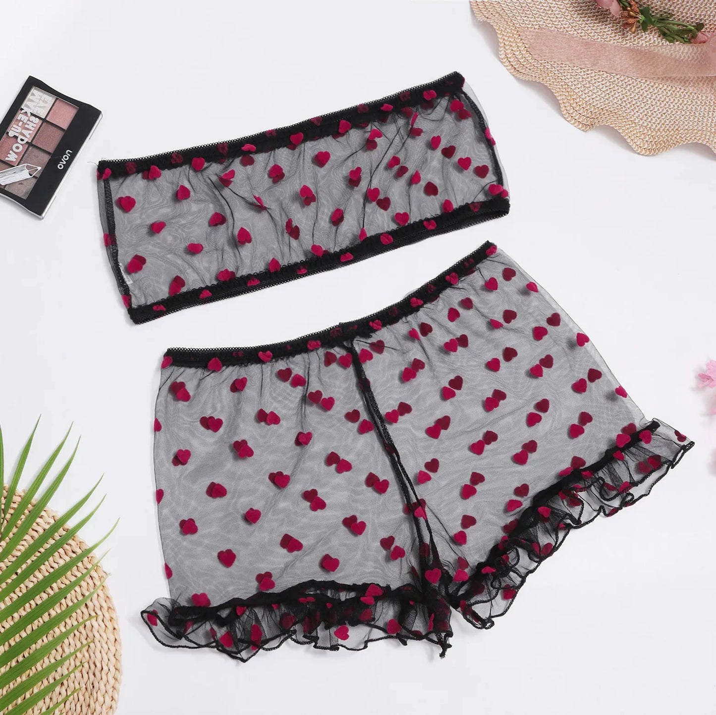 Ultra Thin Love Sheer Mesh Three Point Set: Women's Sexy Crop Tops Thong Pajama Set for Adults- Eye Catching Boudoir Outfits
