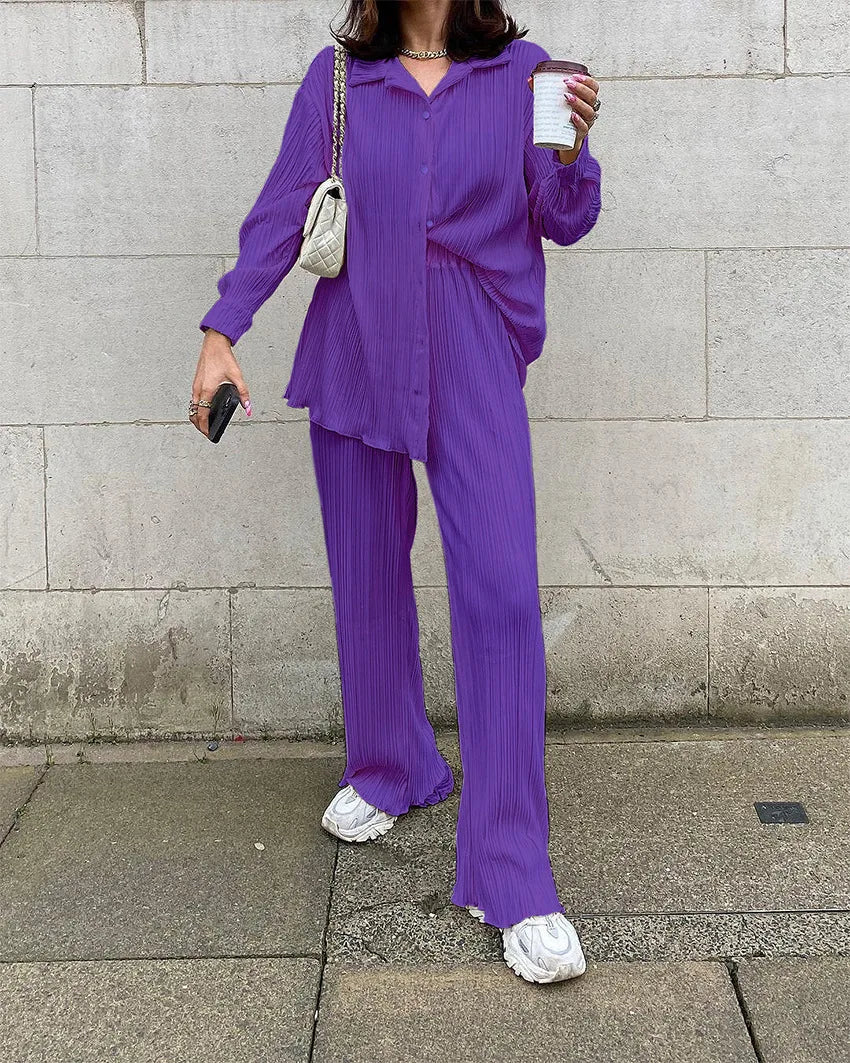 New Spring And Autumn Suit Women's Pleated Lapel Shirt Loose Casual Suit Solid Color Drape Pleated Casual Suit