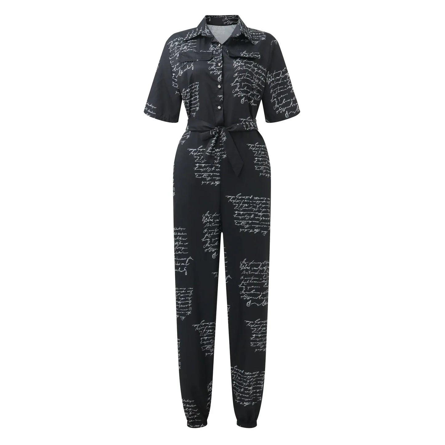 Women's Casual Lapel Lace-Up Printed Belt Short Sleeve Jumpsuit Summer Fashion Workwear Keep Short Eye Catching Junior Size
