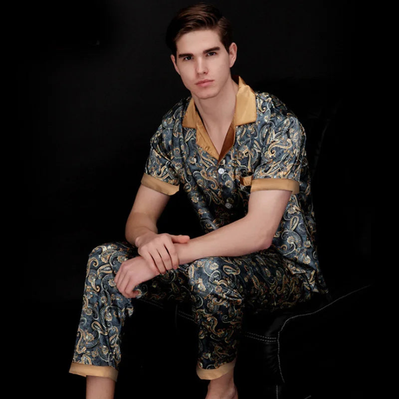 Spring Summer Men Pajamas Sey Plus Size Sleepwear Trouser Pijamas Suit Loose Casual Print Silk Satin Home Clothes Lounge Wear