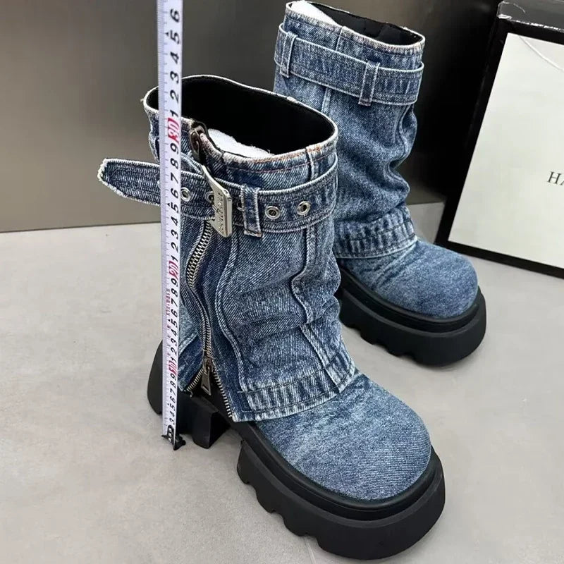 Women Cowboy Mid-calf Boots Zipper Platform Mid Heels Designer Shoes Winter New Motorcycle Boots 2024