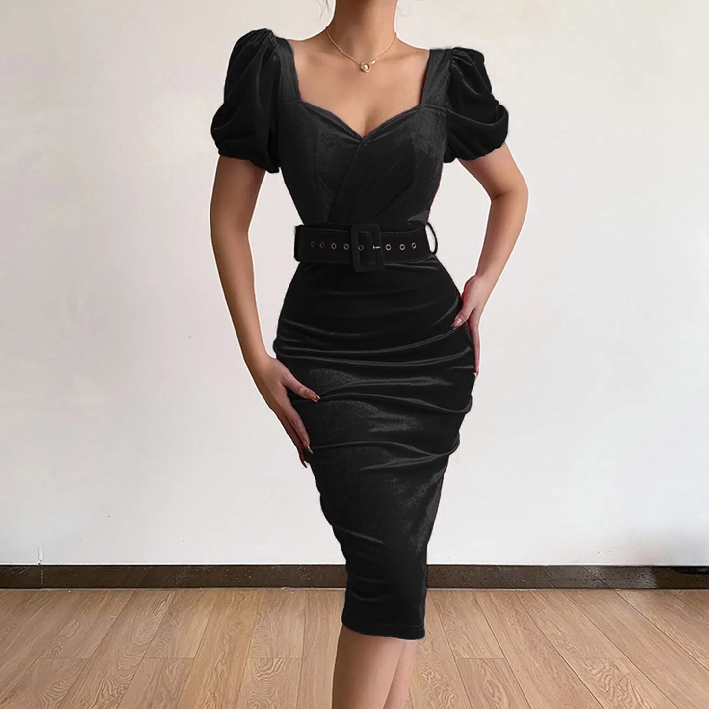 Dress Elegant Solid Color Waistband Sexy Low Neck Bubble Sleeve Velvet Hip Wrap Dress Formal Dresses For Wedding Guest