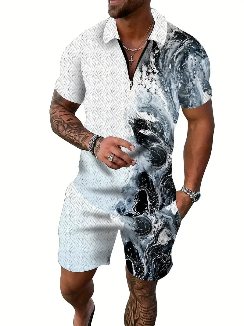 Zipper Shirt Shorts Set Summer Fashion Casual Men's Sports Set 3D Printed Simple Style Lapel Zipper Shirt 2 Sets