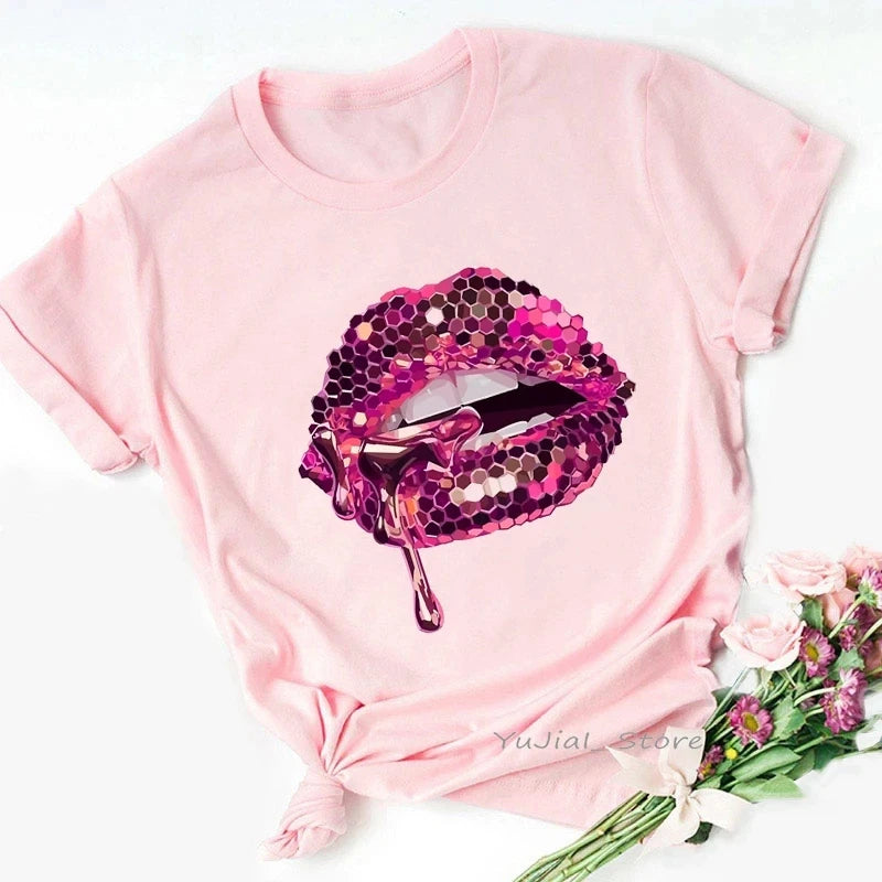 Pink Glitter Lips Graphic Print Tshirt Women'S Clothing Luxurious Makeup T Shirt Haut Femme Aesthetic Clothes T-Shirt