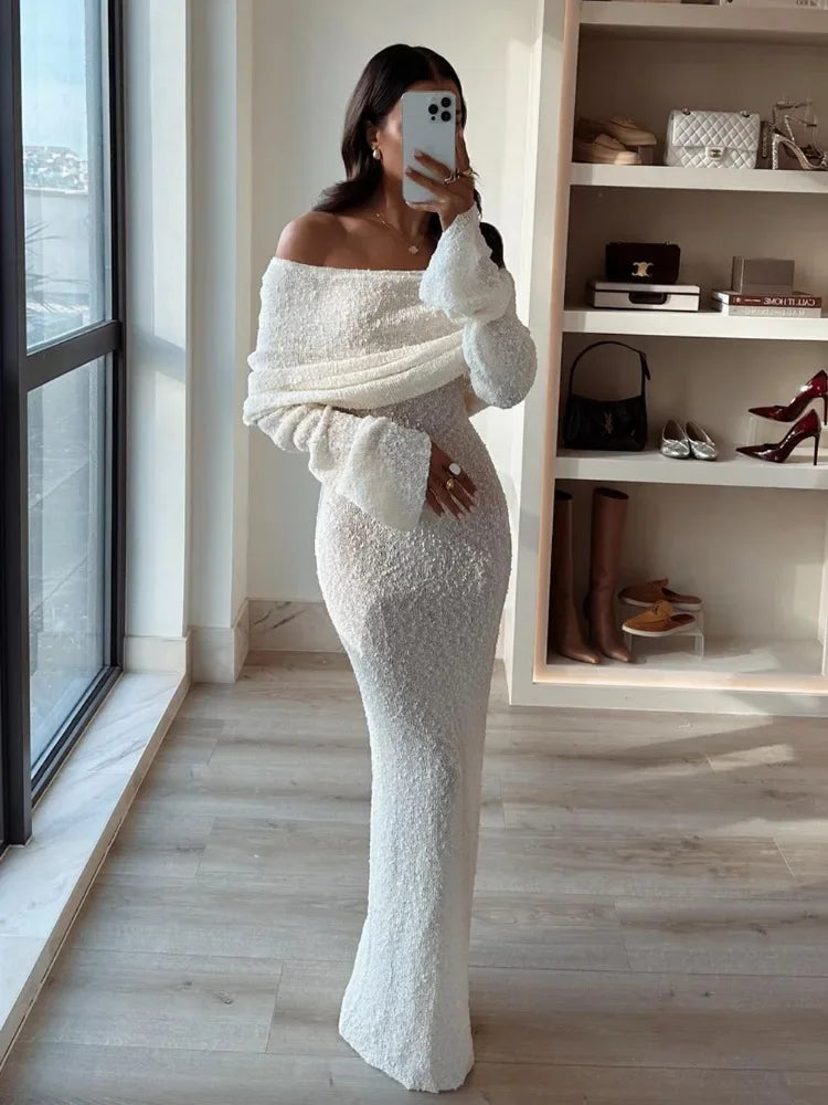 Knit Hollow Out Off-Shoulder Maxi Dress Female Cover up Loose Long Sleeve Holiday Beach Party Dress Women Knitwear Dress