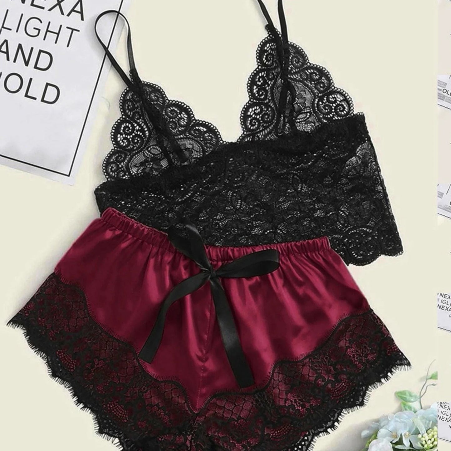 Women's Sexy Pajama Set 2 Pieces Lace Spaghetti Strap Top Shorts Sleepwear Lingerie Sleeveless Summer Clothes