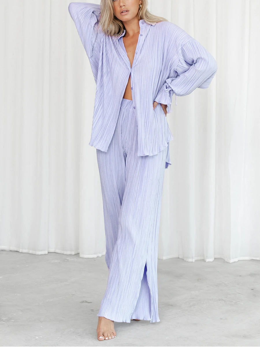 Women's Two-piece Pleated Pants Sets Chic Solid Color Long Sleeve Button Down Shirts with Straight Leg Trousers Casual Style