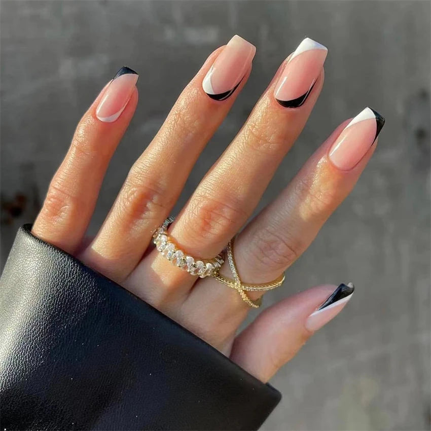 24Pcs/Set Press on Nails Gradient Point Drill Ballet Wearing False Nails Long French Stick on Nail Artificial Acrylic Fake Nails