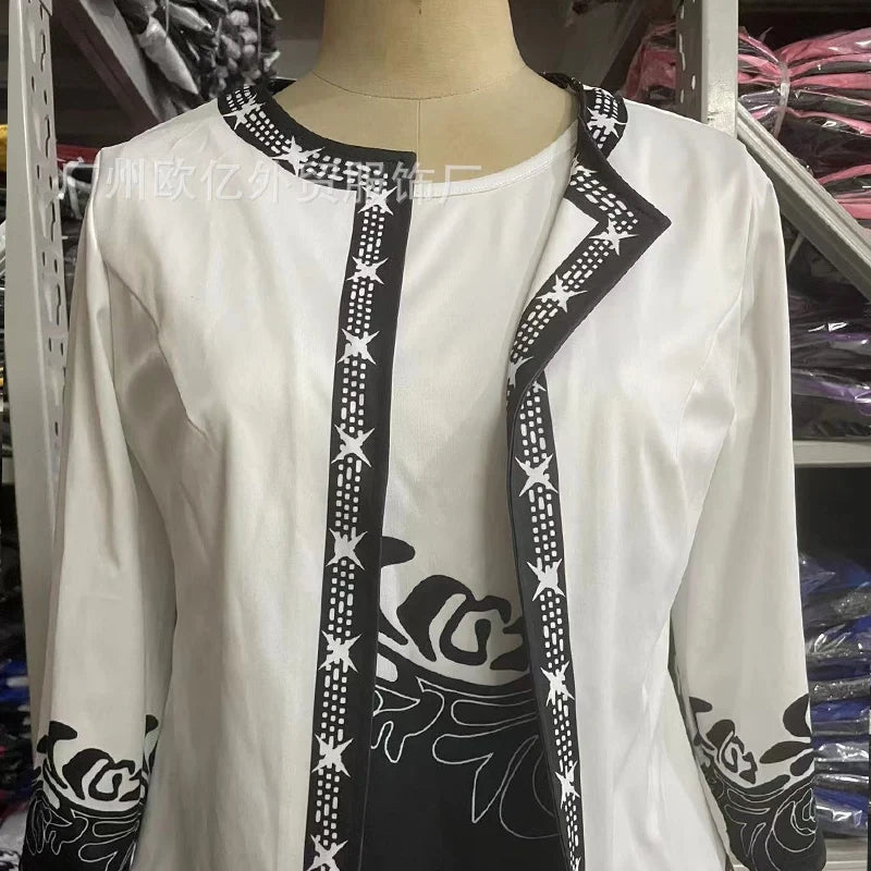 Spring Summer Ladies Suits Women Round Neck Sleeveless Printing Hip Wrap Skirt and High Street Casual Three Quarter Cardigan