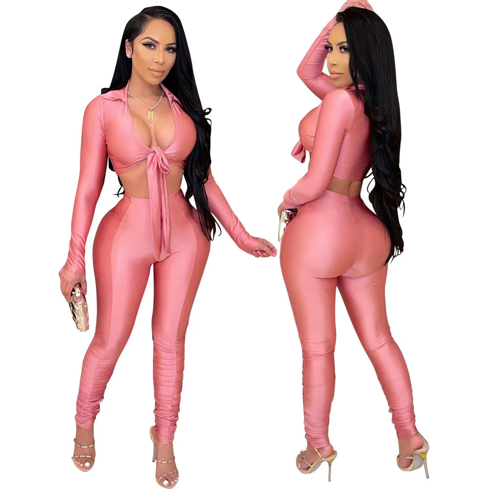 Women's Fashion Casual Slim Fit Two-Piece Set Open Shirt Butterfly Knot Long Sleeve Top with Long Pants Eye-Catching Streetwear