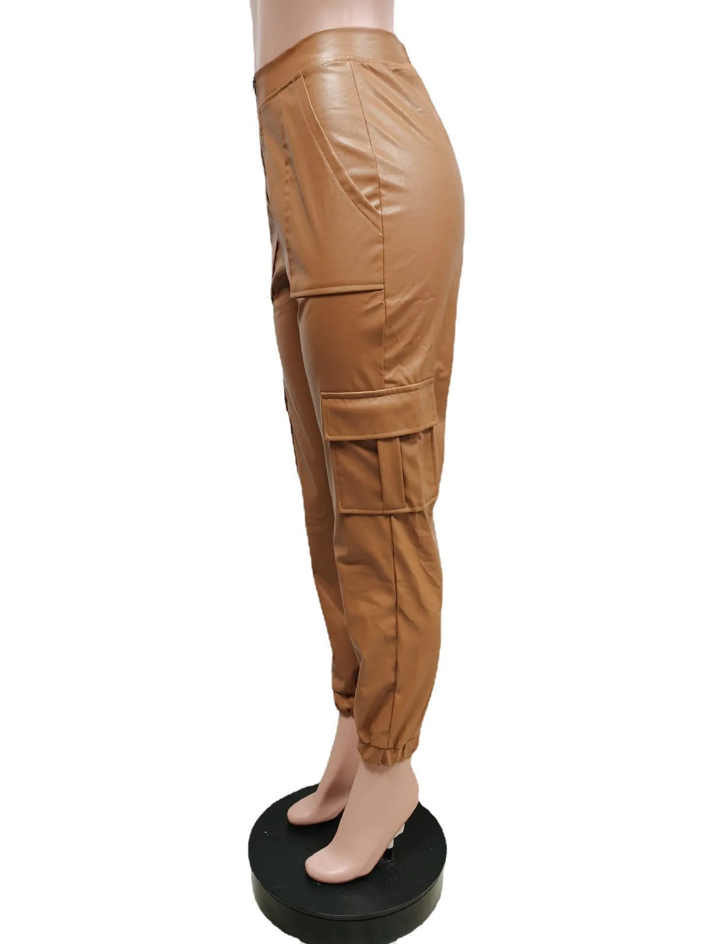 Autumn Winter Fashion Women's Trousers Faux Leather High Waisted Joggers with Zipper Multi Pocket Straight-Leg Cargo Pants