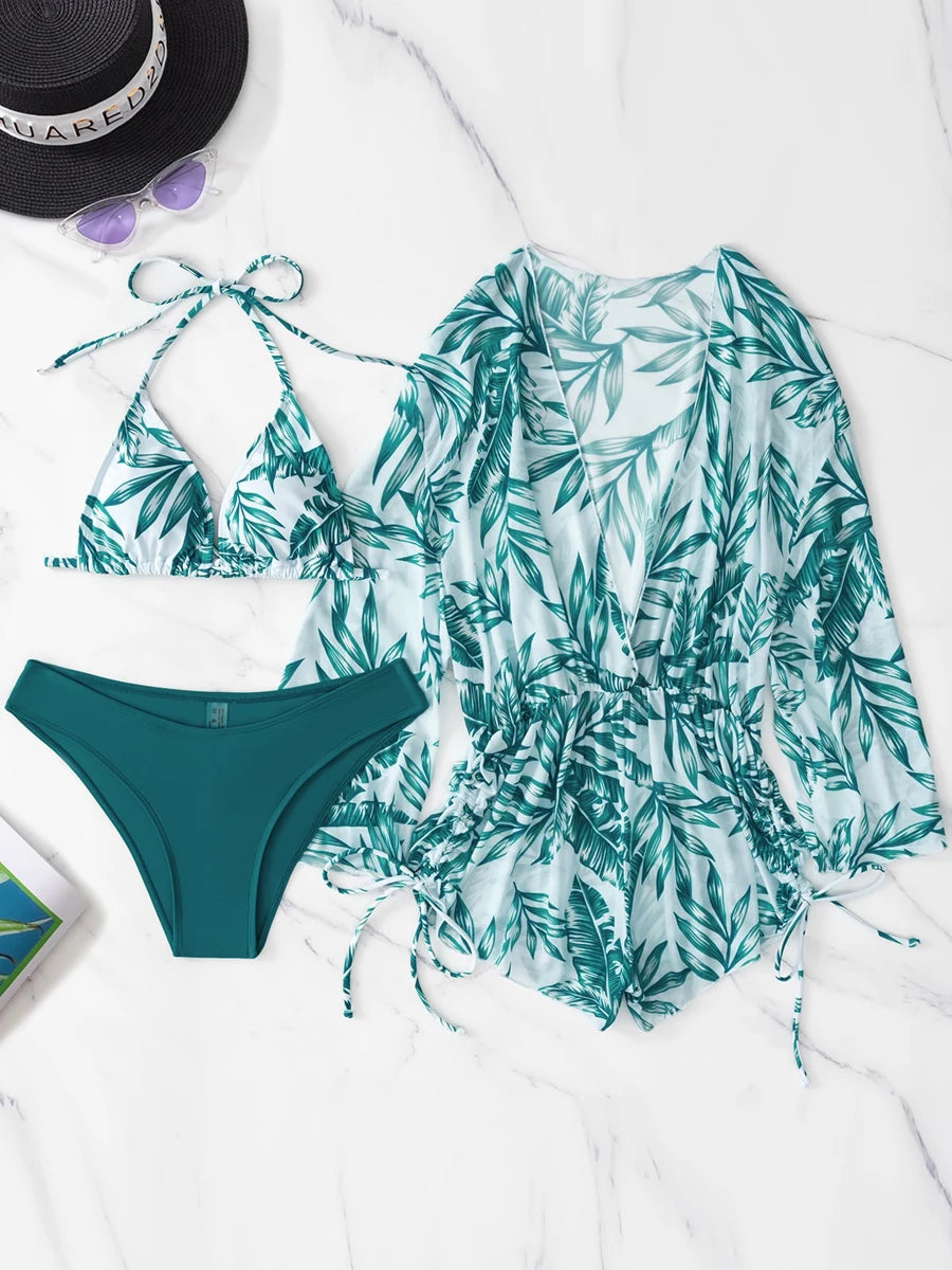3 pieces Halter Bikini Tropical Print Swimsuit Drawstring Side Swimwear Women Long Sleeve Bathing Suit Female Swimming Beachwear