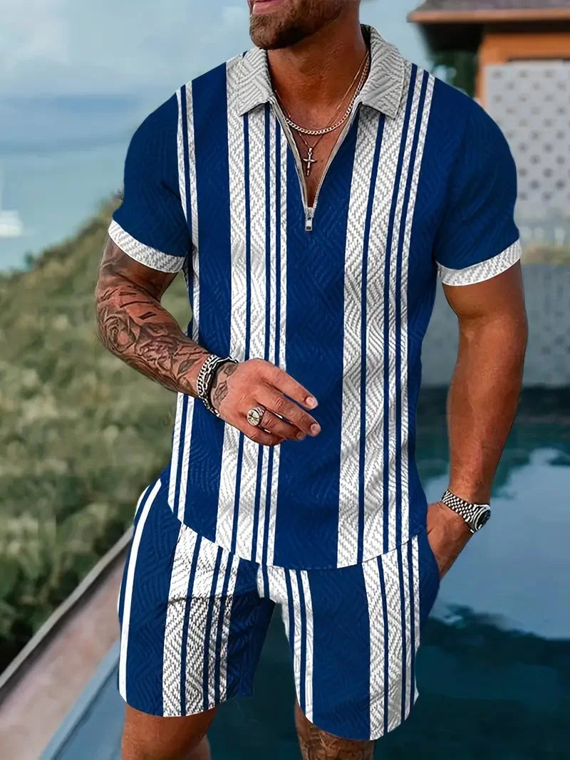 Zipper Shirt Shorts Set Summer Fashion Casual Men's Sports Set 3D Printed Simple Style Lapel Zipper Shirt 2 Sets