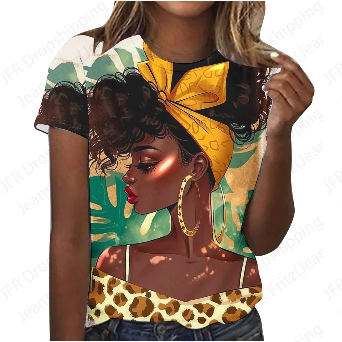 Sexy 3D Print Africa Women T-Shirt Black Large Size Short Sleeve Fashion Top for Females Eye Catching Graphic Design