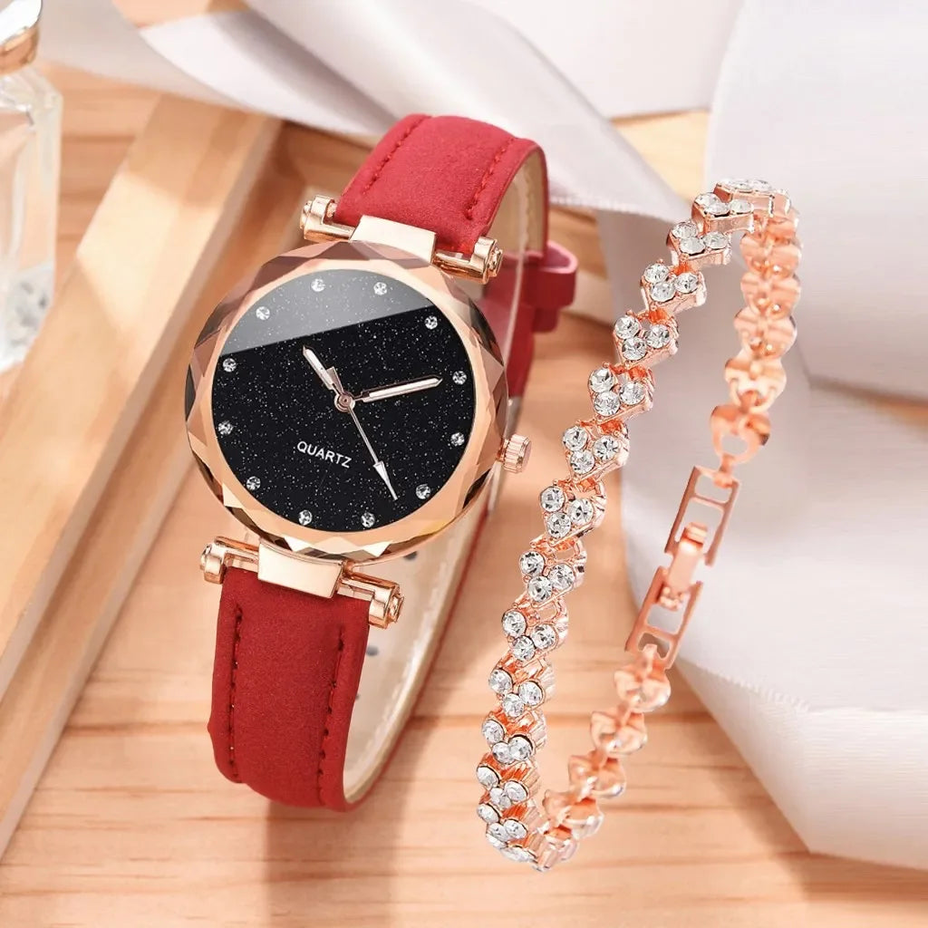 Luxury Fashion Women's Watch Set 2pcs PU Leather Strap Quartz Wristwatch with Rhinestone Rosegold Alloy Bracelet for Ladies Gift