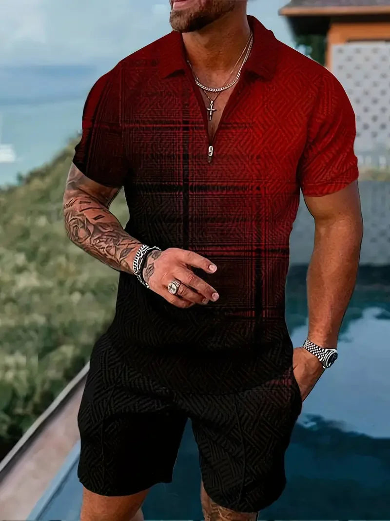 Zipper Shirt Shorts Set Summer Fashion Casual Men's Sports Set 3D Printed Simple Style Lapel Zipper Shirt 2 Sets