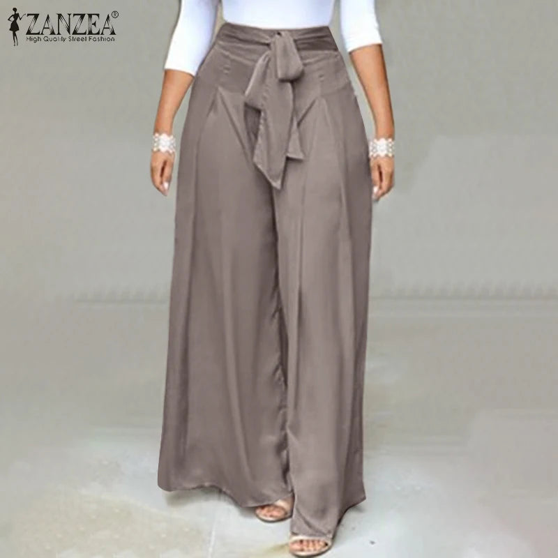 Elegant High Waist Solid Work Trousers ZANZEA Fashion Summer Women Loose Wide Leg Pants Palazzo Oversized Bow Tie Long Pantalon