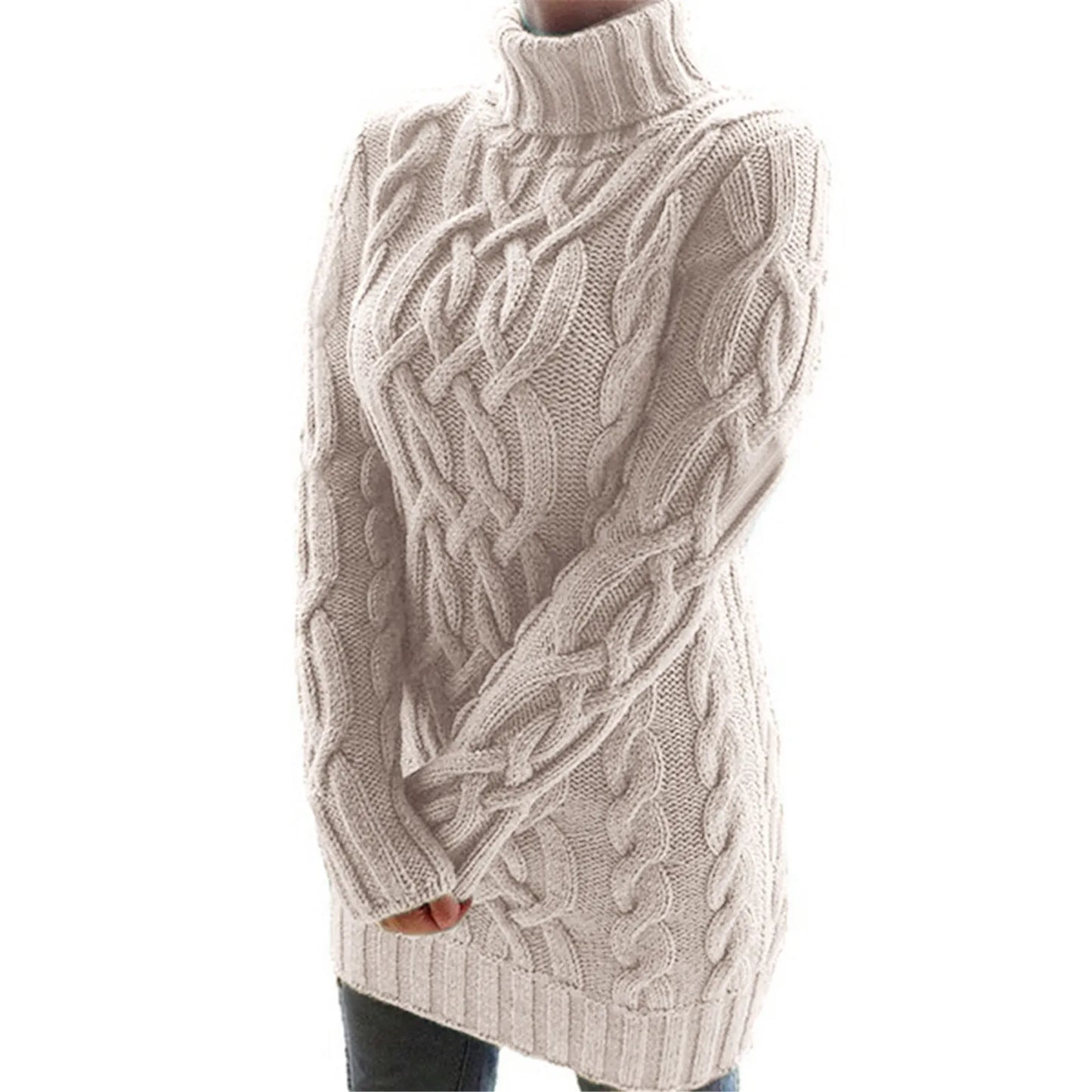 Elegant Women's Turtleneck Cable Knit Sweater Dress Long Sleeve Slim Fit Autumn Pullover Dress for Stylish Fall Clothes