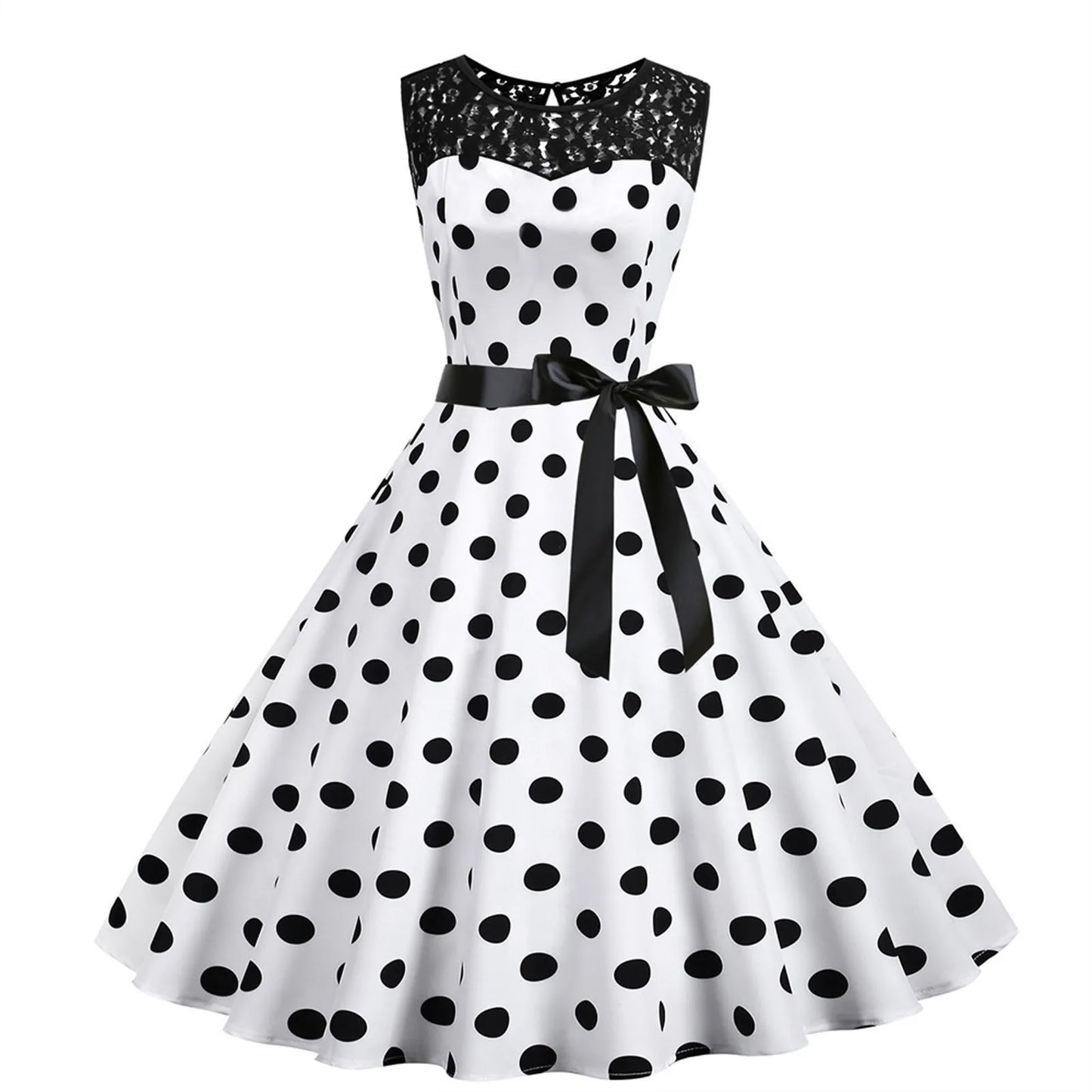 Polka Dot Print Summer Dress Vintage Woman 1950s 60s Swing Rockabilly Dress Robe Femme Lace Stitching Office Party Vestidos