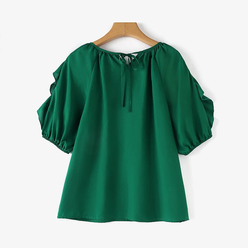 ZANZEA Women's Cold Shoulder Ruffled Blouse Half Sleeve Casual Loose Top with Back Straps Pleated Summer Tunic Fashion O-Neck