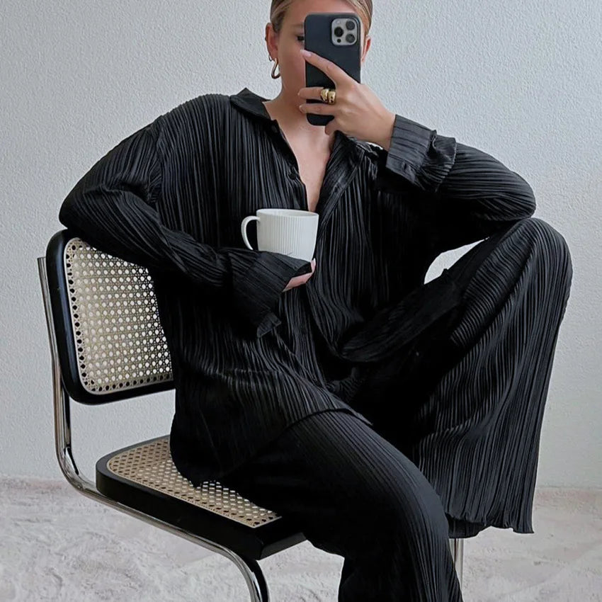 New Spring And Autumn Suit Women's Pleated Lapel Shirt Loose Casual Suit Solid Color Drape Pleated Casual Suit