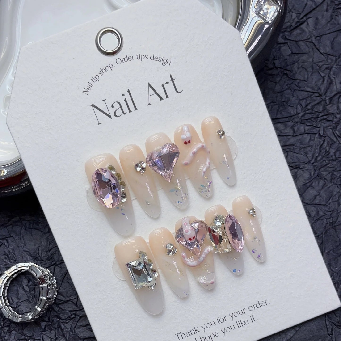 10Pcs Pink Handmade Press On Nails 3D Snake Heart French Ballet Y2K Fake Nails Full Cover False Nail Wearable Manicure Nail Tips