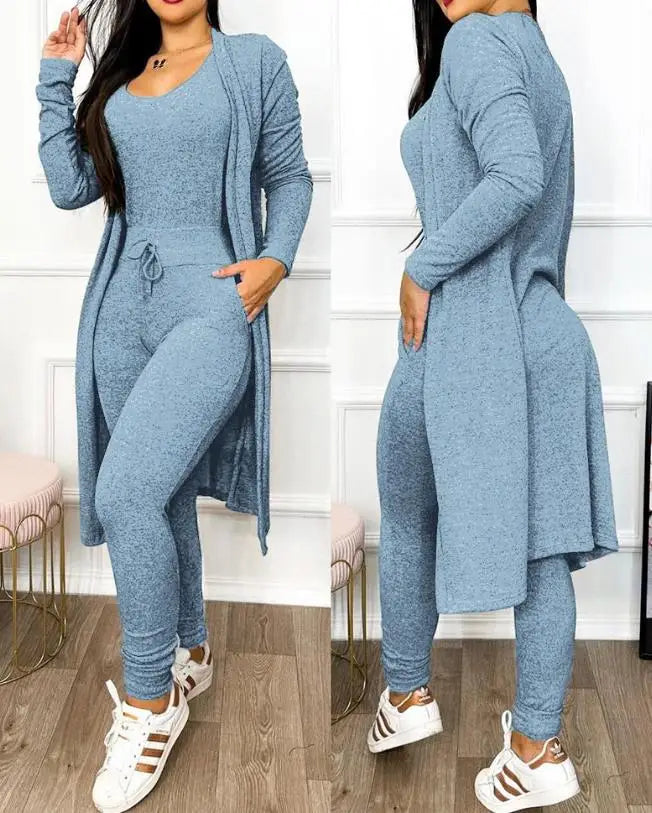Two Piece Set Women Outfit Spring Fashion Drawstring Pocket Design U-Neck Sleeveless Skinny Jumpsuit & Long Sleeve Coat Set