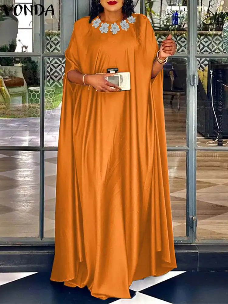 VONDA 2024 Elegant Women Satin Long Dress Autumn Maxi Sundress Elegant O-Neck 3/4 Bat Sleeve Casual Vestido Party Robe Oversize