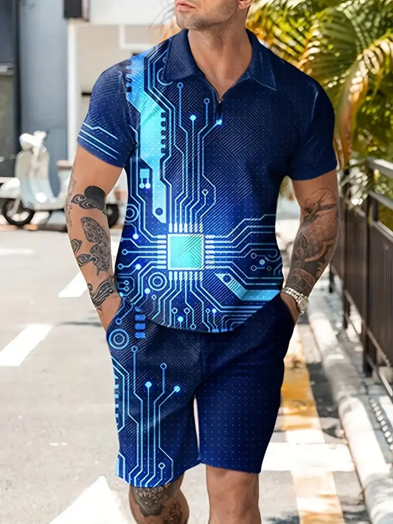 Zipper Shirt Shorts Set Summer Fashion Casual Men's Sports Set 3D Printed Simple Style Lapel Zipper Shirt 2 Sets