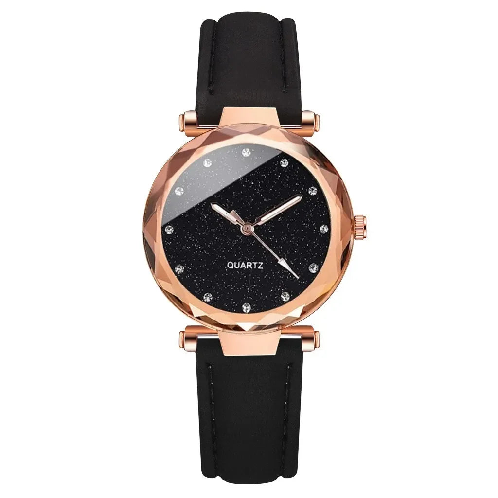 Luxury Fashion Women's Watch Set 2pcs PU Leather Strap Quartz Wristwatch with Rhinestone Rosegold Alloy Bracelet for Ladies Gift