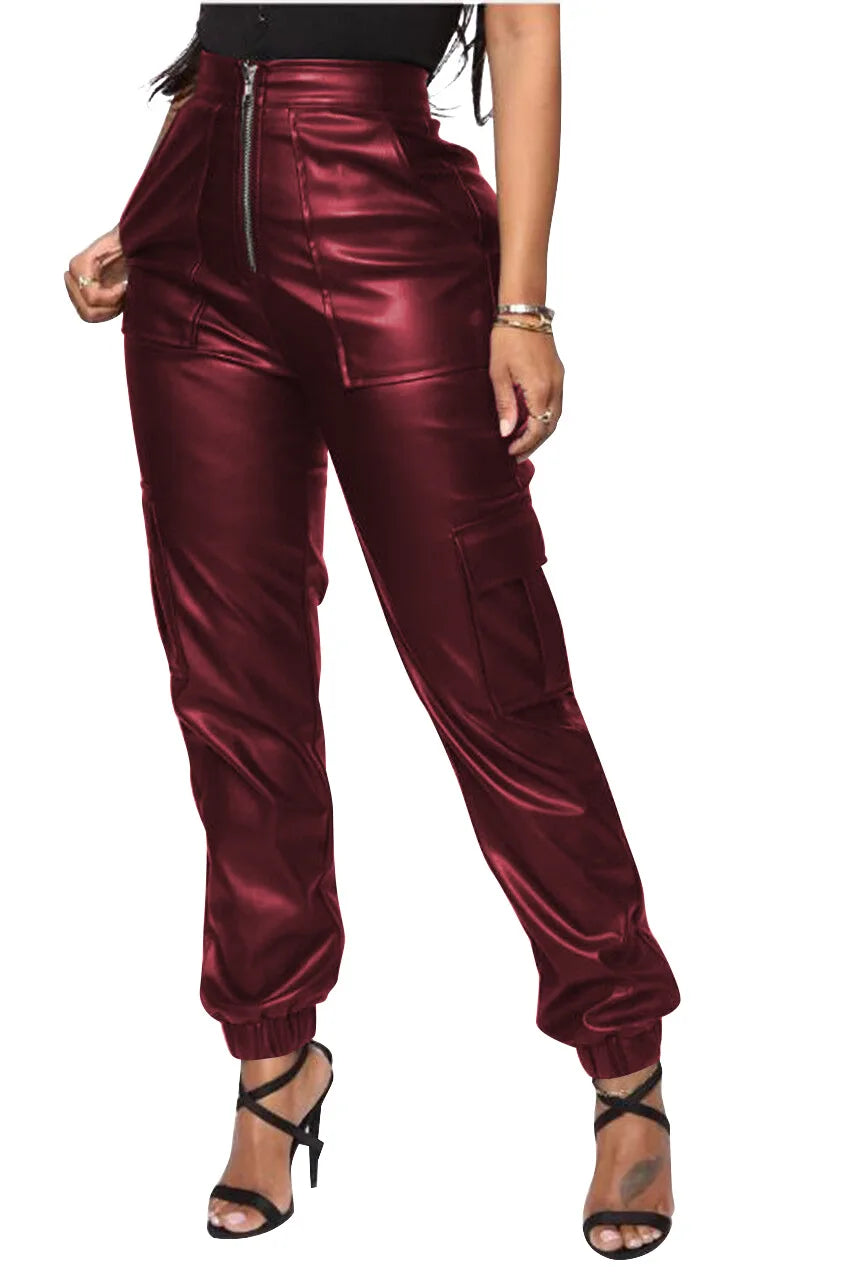 Autumn Winter Fashion Women's Trousers Faux Leather High Waisted Joggers with Zipper Multi Pocket Straight-Leg Cargo Pants