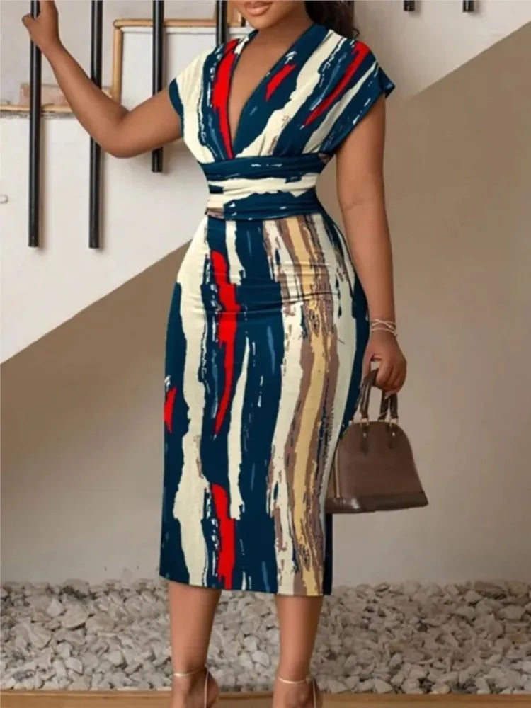 Sexy V Neck Sleeveless Dress Office Lady Spring Summer Fashion Elegant Buns Printing Dresses For Women