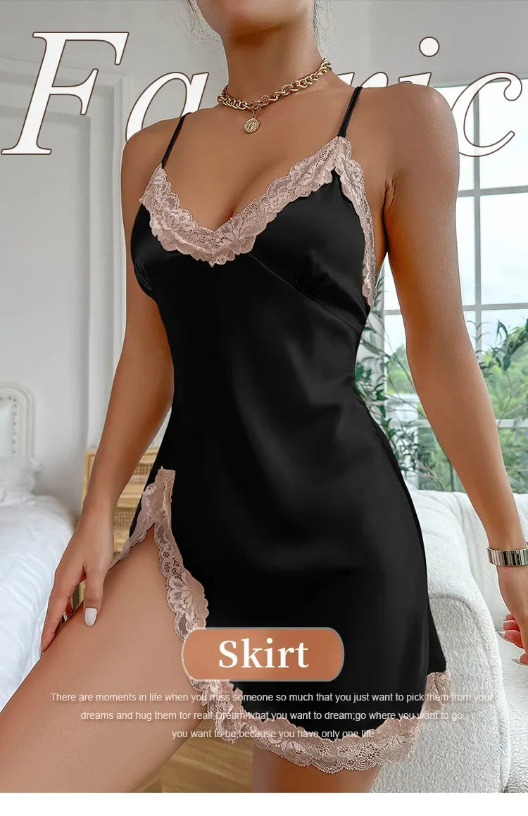 Lace Trim Leopard Nightdress V Neck Backless Side Split Slip Sleep Dress Women's Sleepwear Dresses