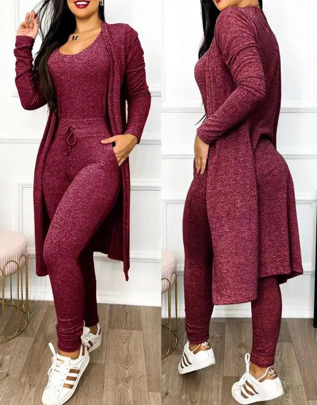 Two Piece Set Women Outfit Spring Fashion Drawstring Pocket Design U-Neck Sleeveless Skinny Jumpsuit & Long Sleeve Coat Set